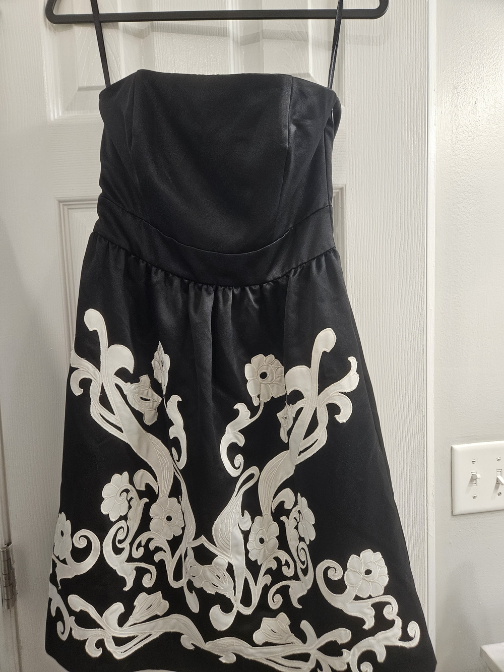 White House Black Market Black Strapless Dress with White Floral Appliqué